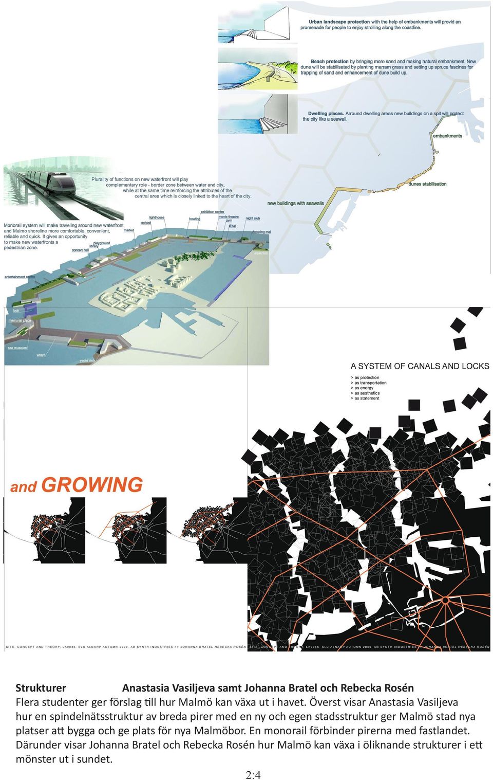 Överst visar Anastasia Vasiljeva hur en spindelnätsstruktur av breda pirer med en ny och egen stadsstruktur ger Malmö