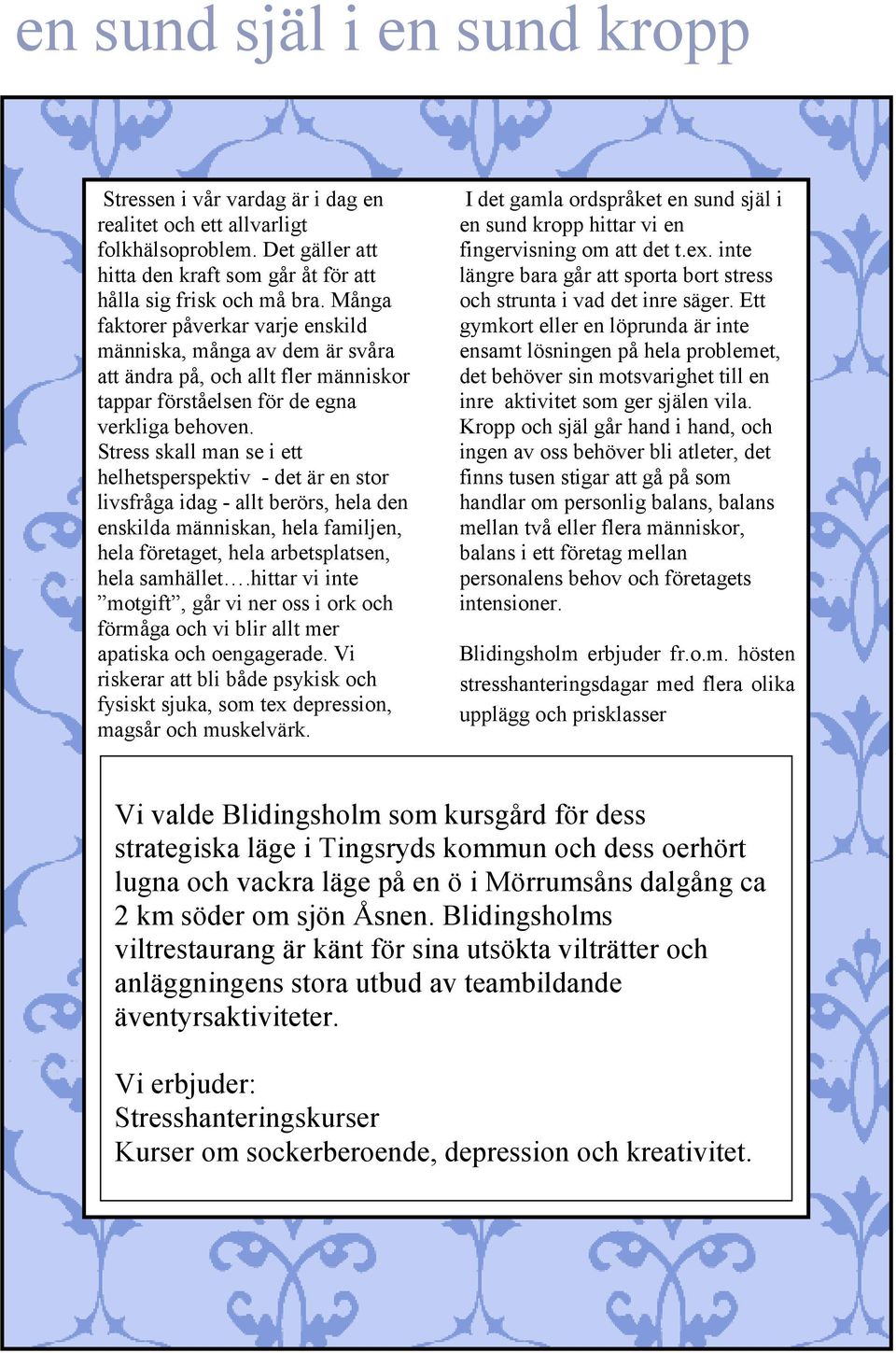 Stress skall man se i ett helhetsperspektiv - det är en stor livsfråga idag - allt berörs, hela den enskilda människan, hela familjen, hela företaget, hela arbetsplatsen, hela samhället.