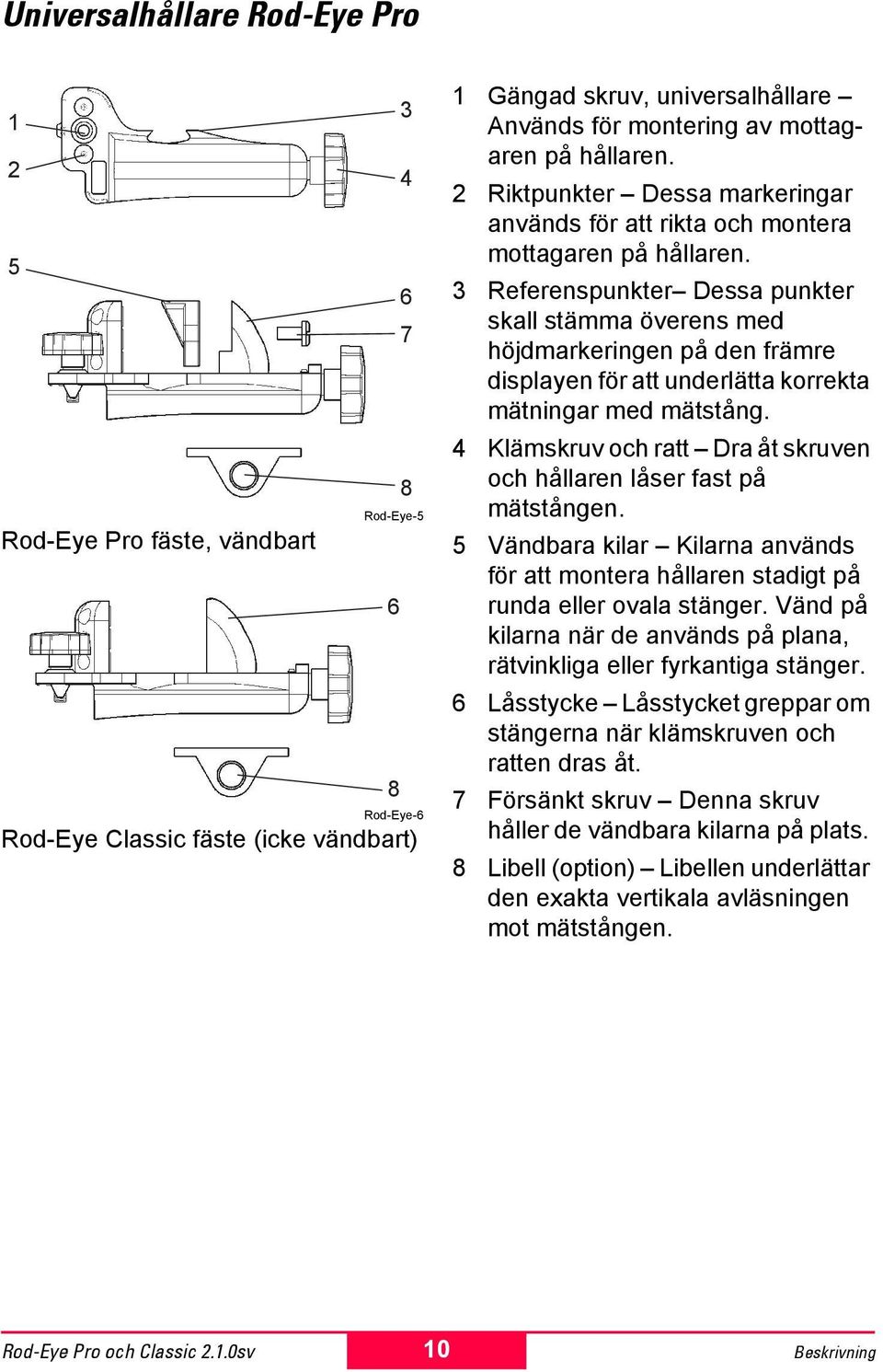 3 Referenspunkter Dessa punkter skall stämma överens med höjdmarkeringen på den främre displayen för att underlätta korrekta mätningar med mätstång.