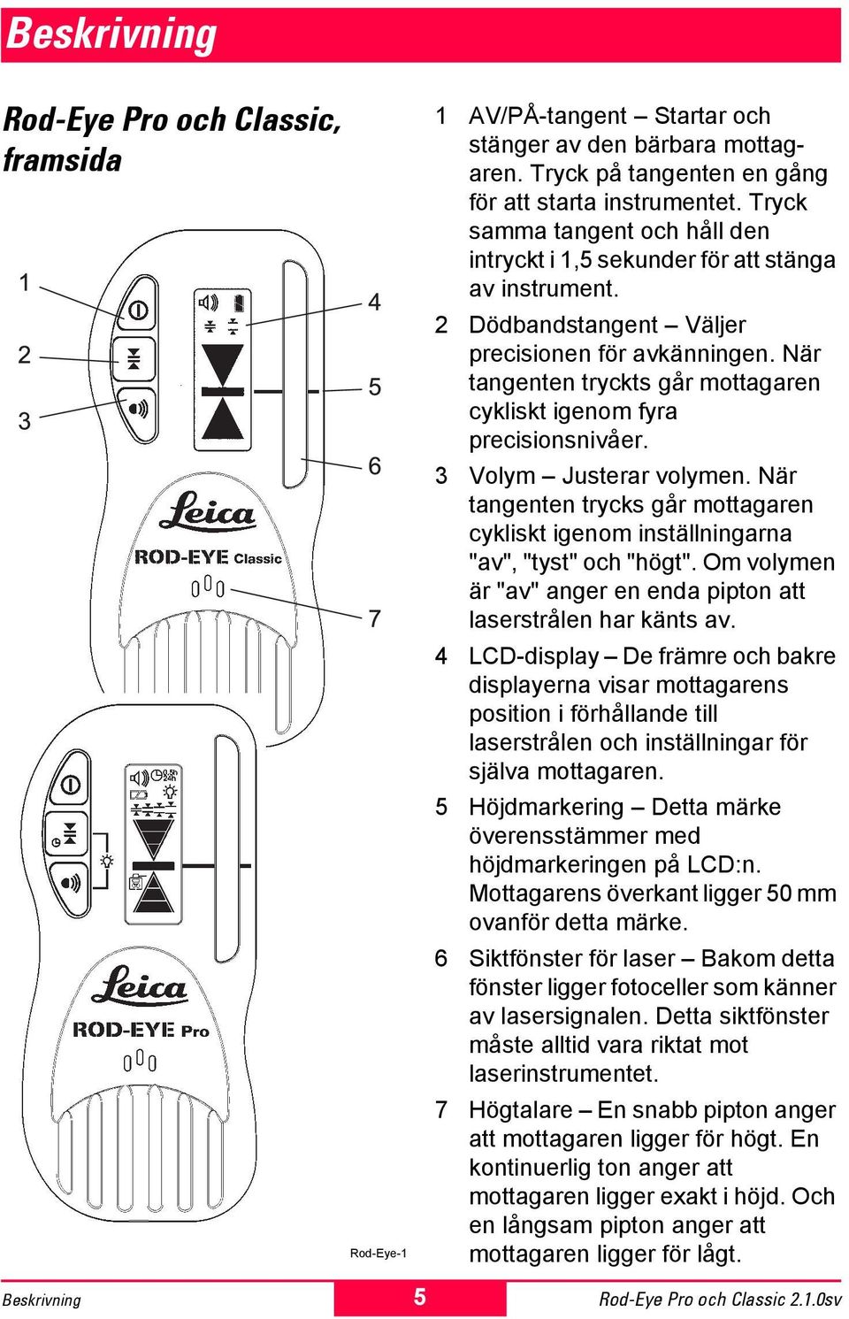 När tangenten tryckts går mottagaren cykliskt igenom fyra precisionsnivåer. 3 Volym Justerar volymen. När tangenten trycks går mottagaren cykliskt igenom inställningarna "av", "tyst" och "högt".