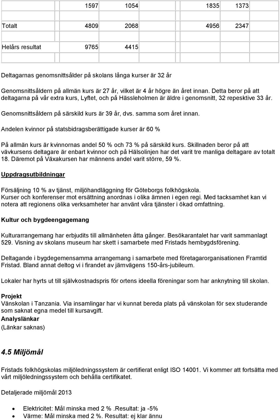 samma som året innan. Andelen kvinnor på statsbidragsberättigade kurser är 60 % På allmän kurs är kvinnornas andel 50 % och 73 % på särskild kurs.