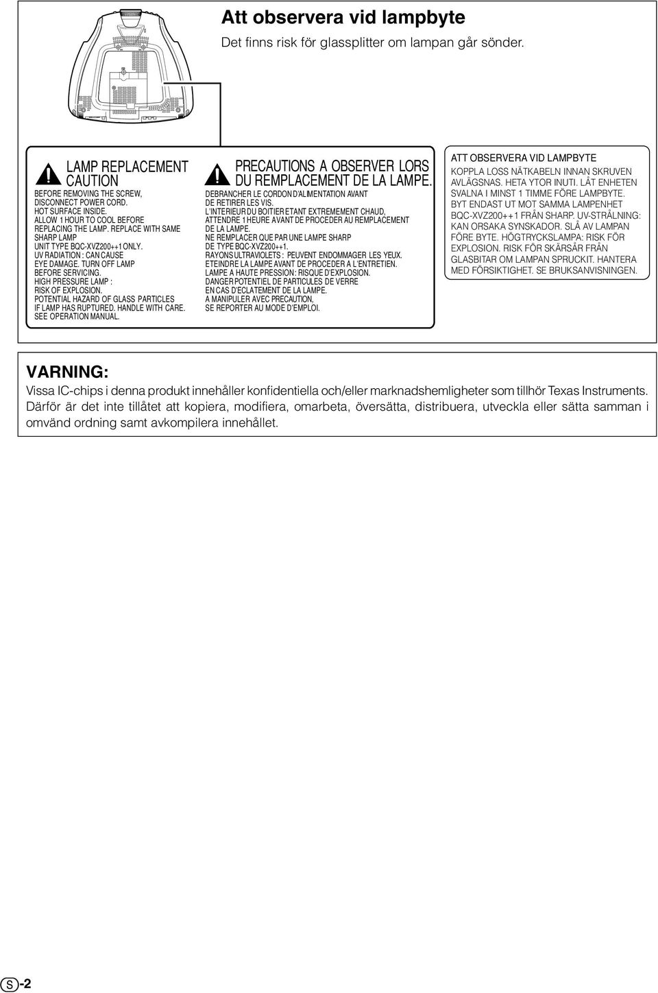 HIGH PRESSURE LAMP : RISK OF EXPLOSION. POTENTIAL HAZARD OF GLASS PARTICLES IF LAMP HAS RUPTURED. HANDLE WITH CARE. SEE OPERATION MANUAL. PRECAUTIONS A OBSERVER LORS DU REMPLACEMENT DE LA LAMPE.