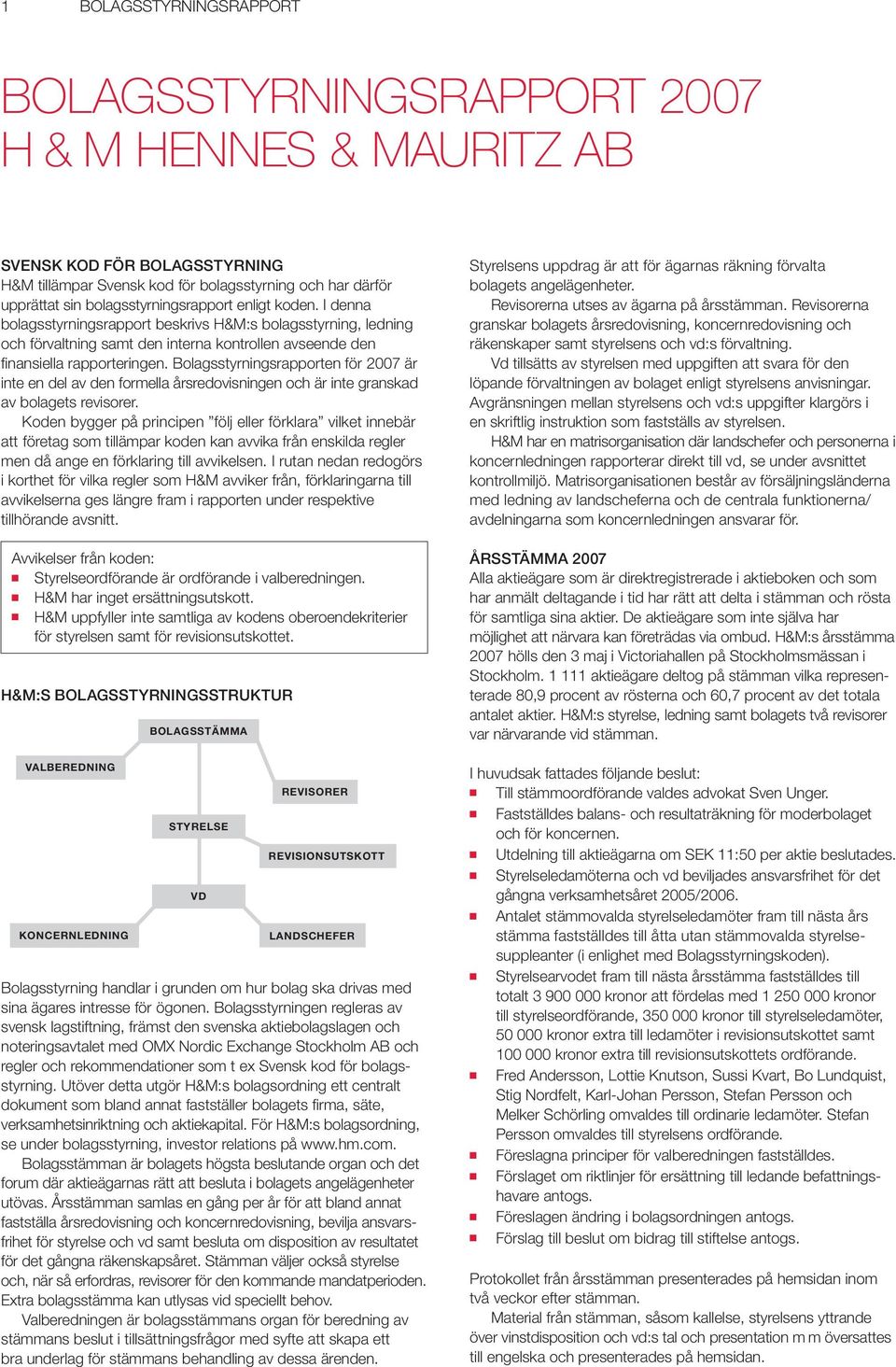 Bolagsstyrningsrapporten för 2007 är inte en del av den formella årsredovisningen och är inte granskad av bolagets revisorer.