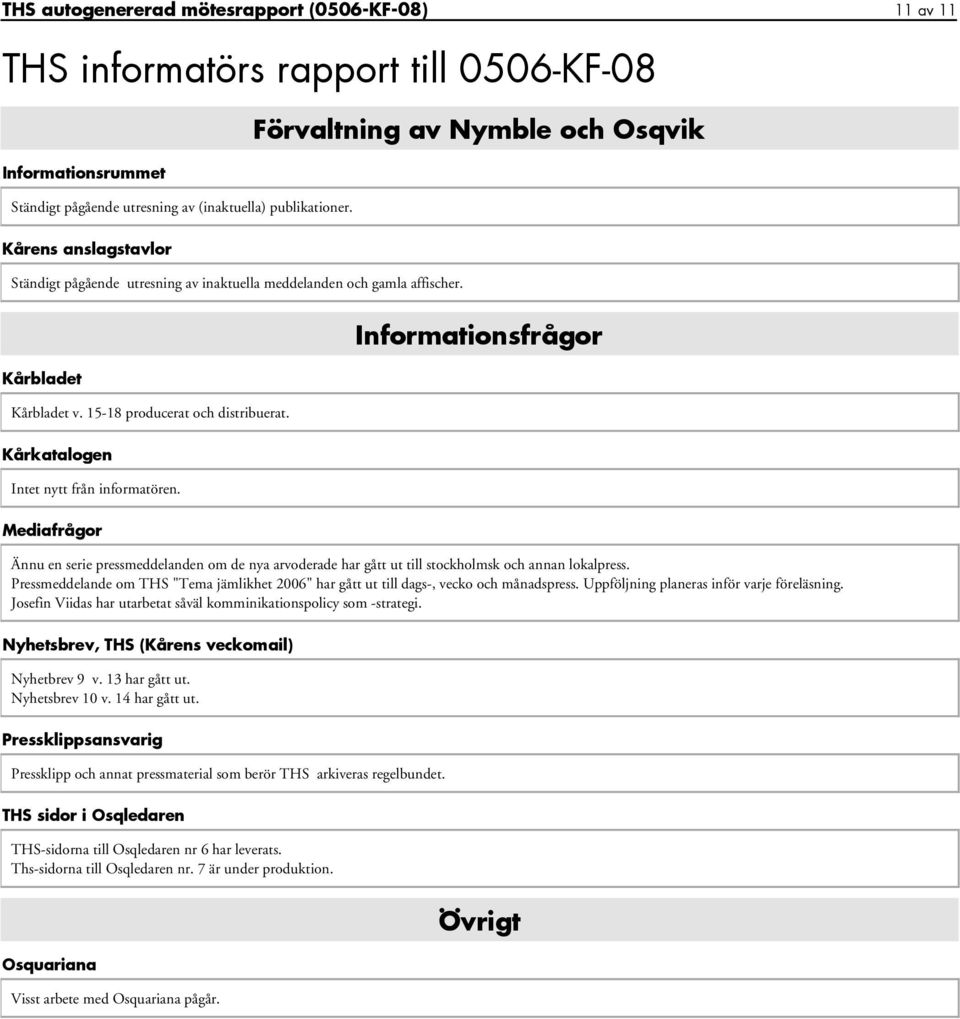 Informationsfrågor Kårkatalogen Intet nytt från informatören. Mediafrågor Ännu en serie pressmeddelanden om de nya arvoderade har gått ut till stockholmsk och annan lokalpress.