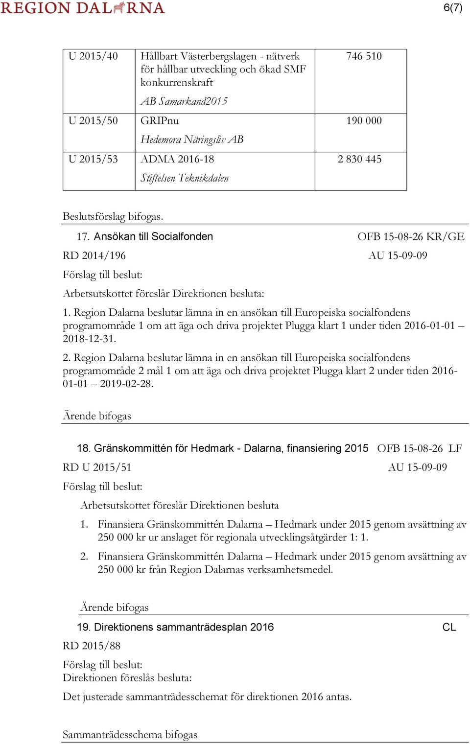 Region Dalarna beslutar lämna in en ansökan till Europeiska socialfondens programområde 1 om att äga och driva projektet Plugga klart 1 under tiden 20