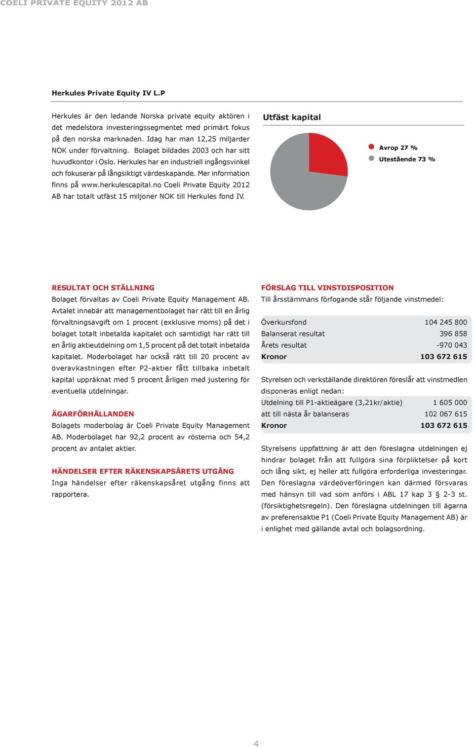 Mer information finns på www.herkulescapital.no Coeli Private Equity 2012 AB har totalt utfäst 15 miljoner NOK till Herkules fond IV.