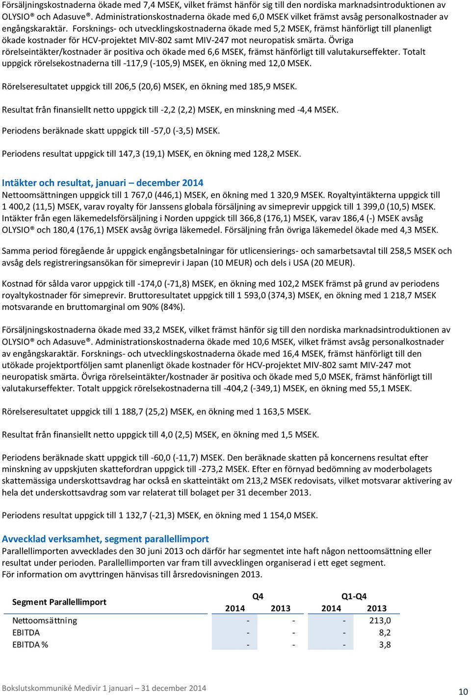 Forsknings- och utvecklingskostnaderna ökade med 5,2 MSEK, främst hänförligt till planenligt ökade kostnader för HCV-projektet MIV-802 samt MIV-247 mot neuropatisk smärta.