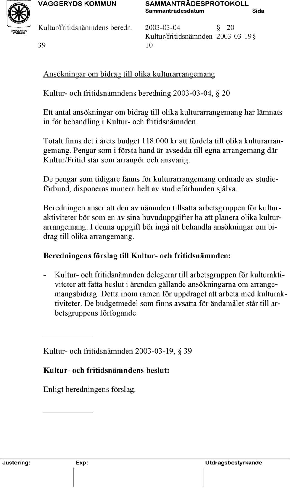 kulturarrangemang har lämnats in för behandling i Kultur- och fritidsnämnden. Totalt finns det i årets budget 118.000 kr att fördela till olika kulturarrangemang.