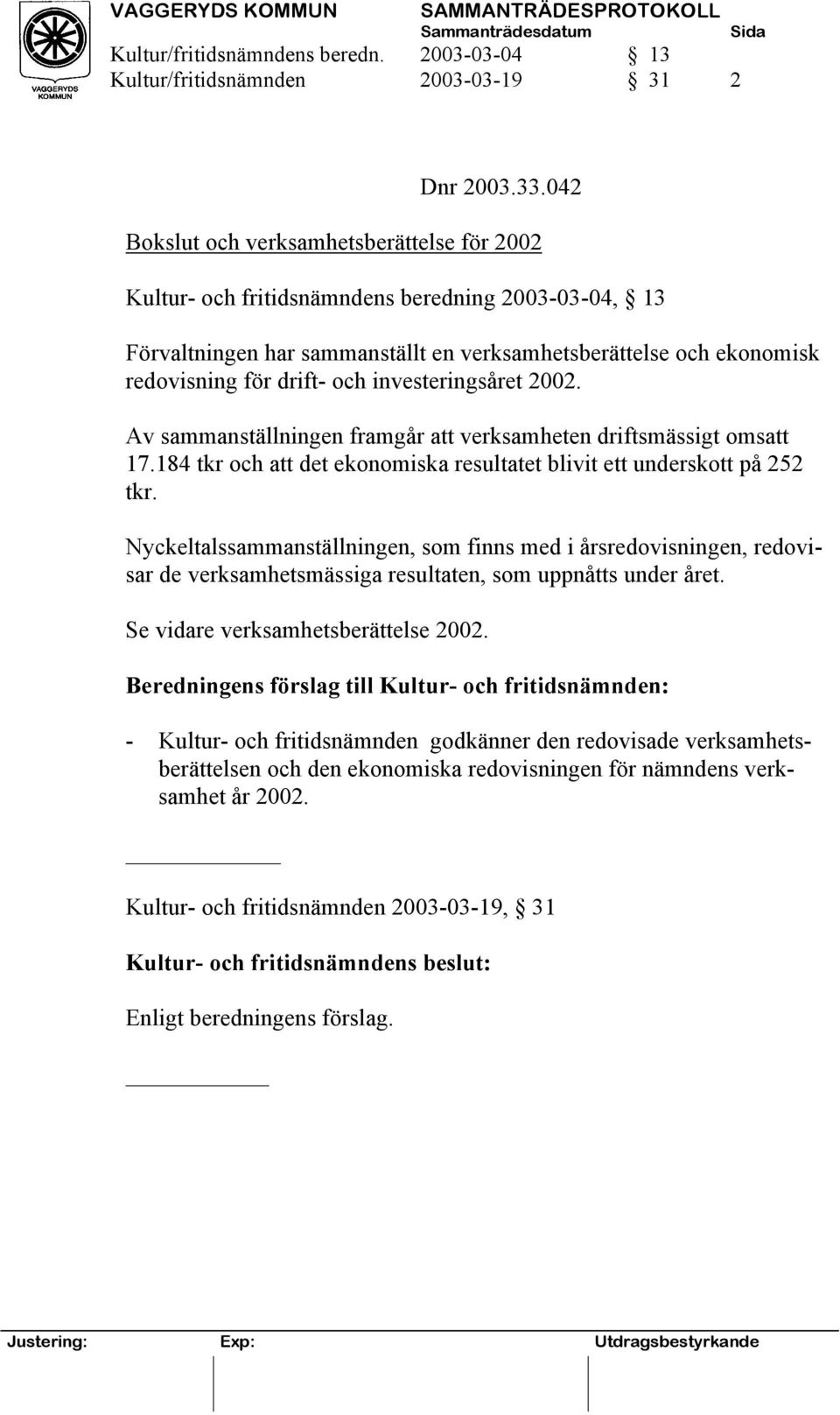 investeringsåret 2002. Av sammanställningen framgår att verksamheten driftsmässigt omsatt 17.184 tkr och att det ekonomiska resultatet blivit ett underskott på 252 tkr.