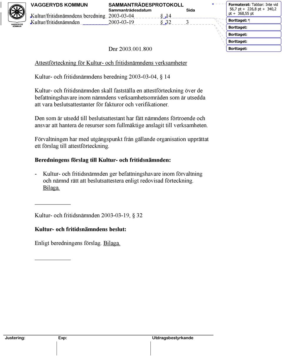 Kultur- och fritidsnämndens beredning 2003-03-04, 14 Kultur- och fritidsnämnden skall fastställa en attestförteckning över de befattningshavare inom nämndens verksamhetsområden som är utsedda att