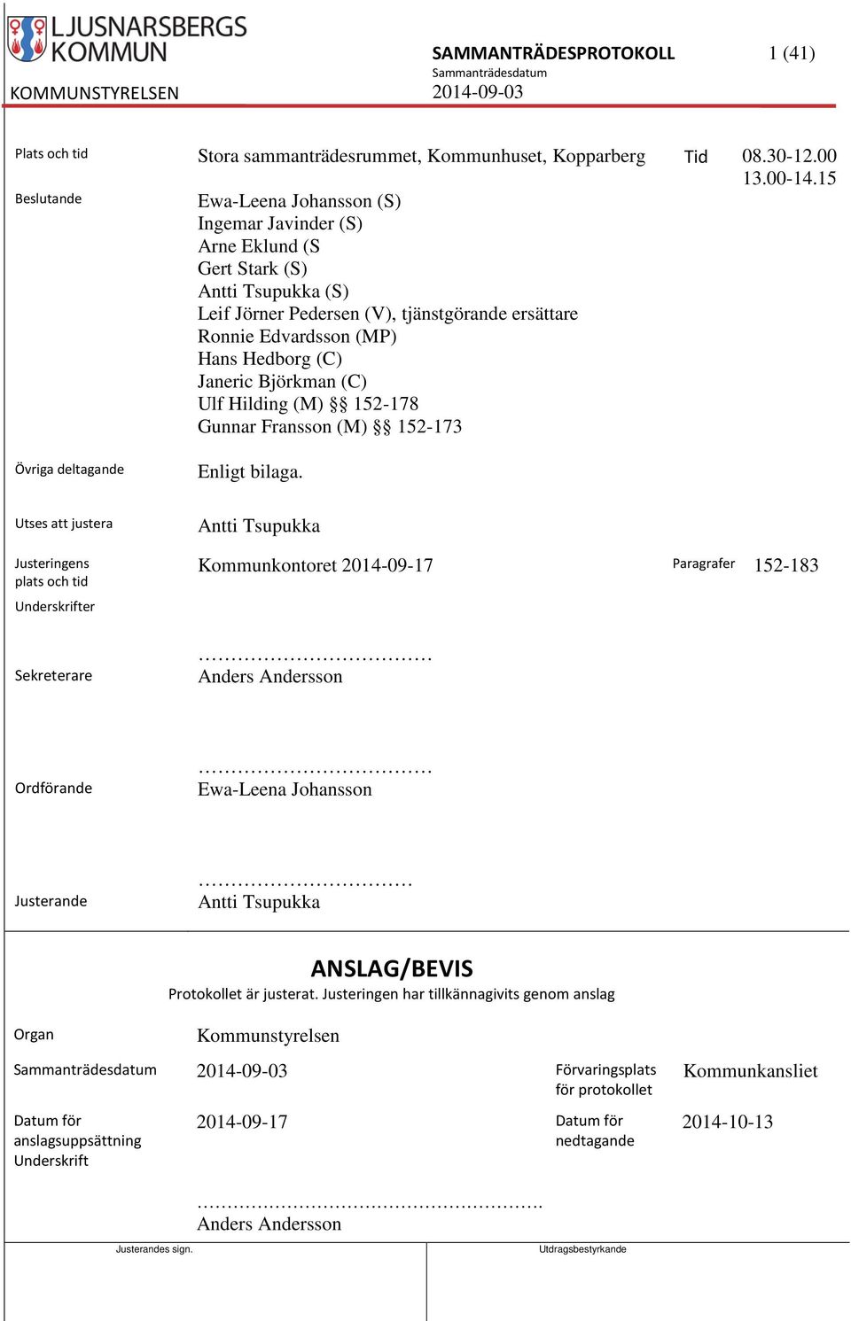 Janeric Björkman (C) Ulf Hilding (M) 152-178 Gunnar Fransson (M) 152-173 Övriga deltagande Enligt bilaga.