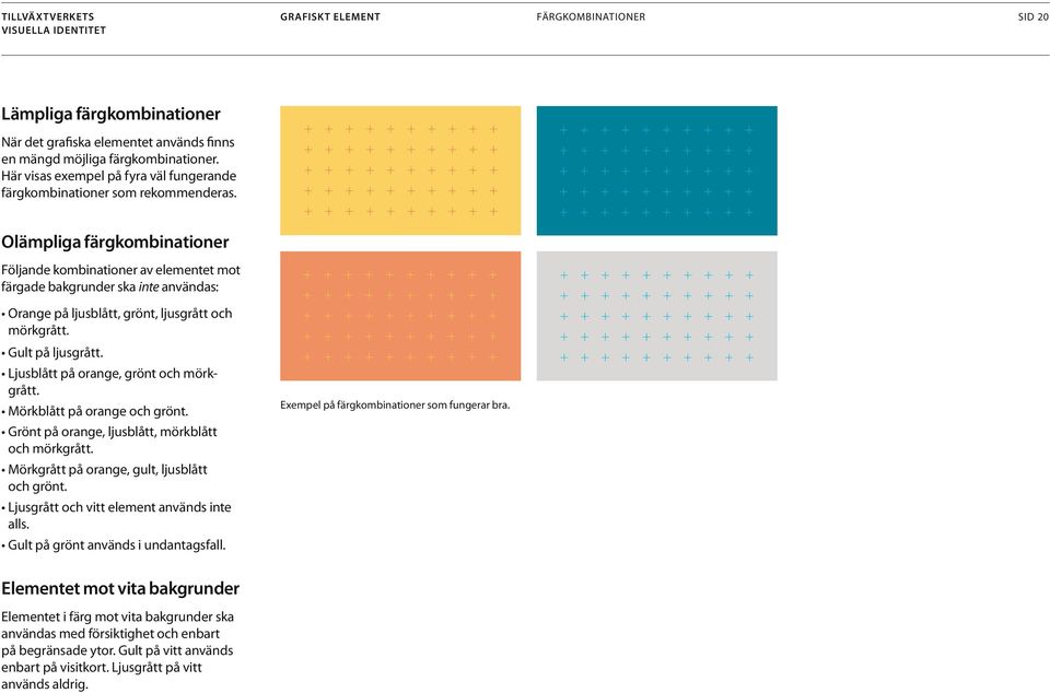 Olämpliga färgkombinationer Följande kombinationer av elementet mot färgade bakgrunder ska inte användas: Orange på ljusblått, grönt, ljusgrått och mörkgrått. Gult på ljusgrått.