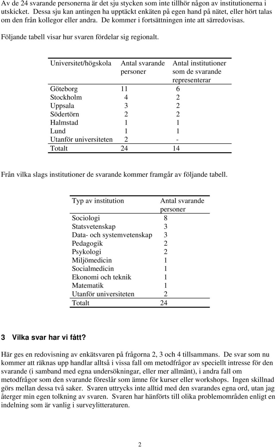 Följande tabell visar hur svaren fördelar sig regionalt.