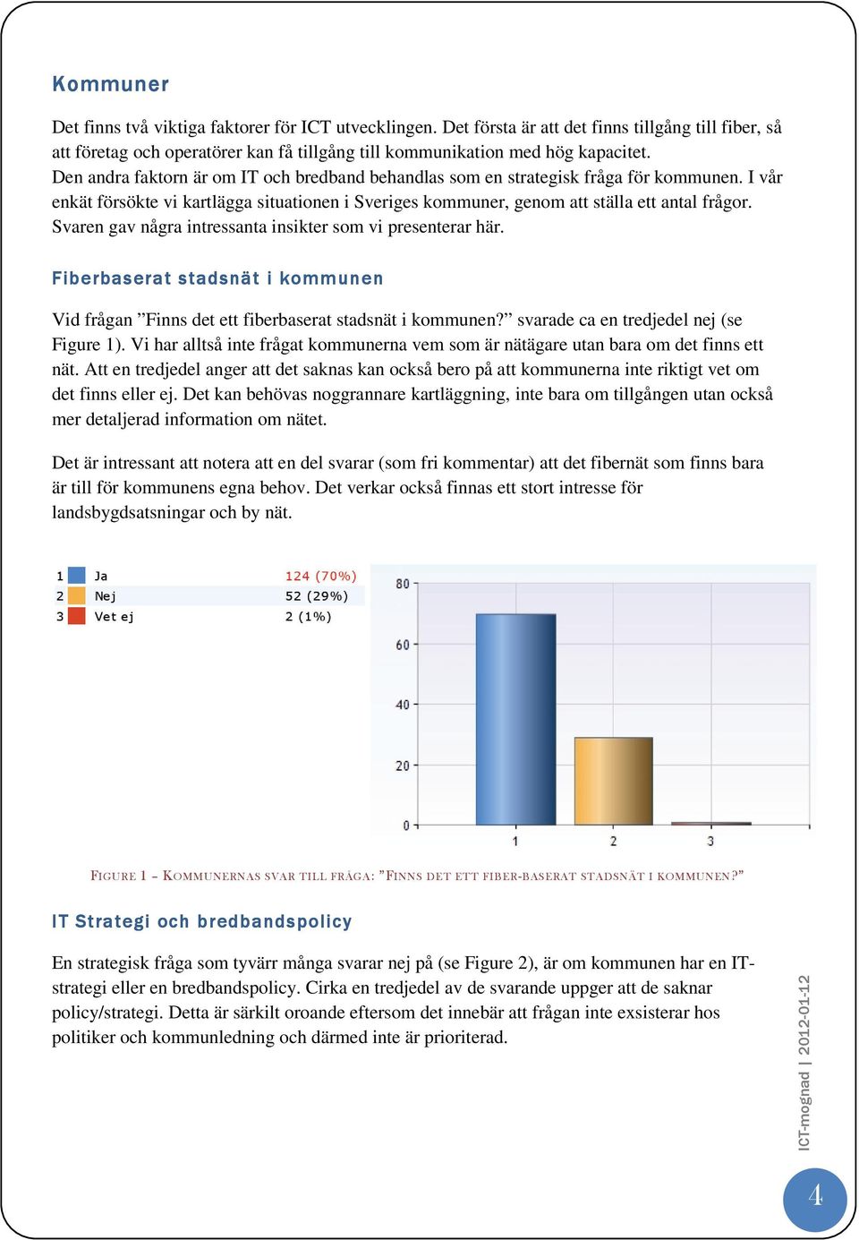 Svaren gav några intressanta insikter som vi presenterar här. Fiberbaserat stadsnät i kommunen Vid frågan Finns det ett fiberbaserat stadsnät i kommunen? svarade ca en tredjedel nej (se Figure 1).