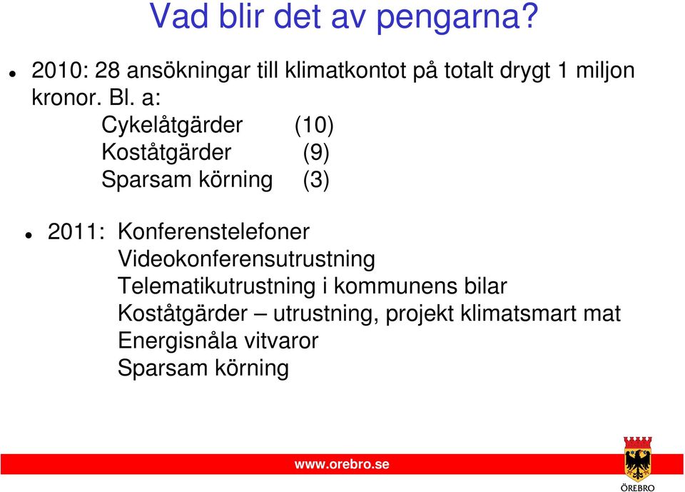 a: Cykelåtgärder (10) Koståtgärder (9) Sparsam körning (3) 2011: Konferenstelefoner