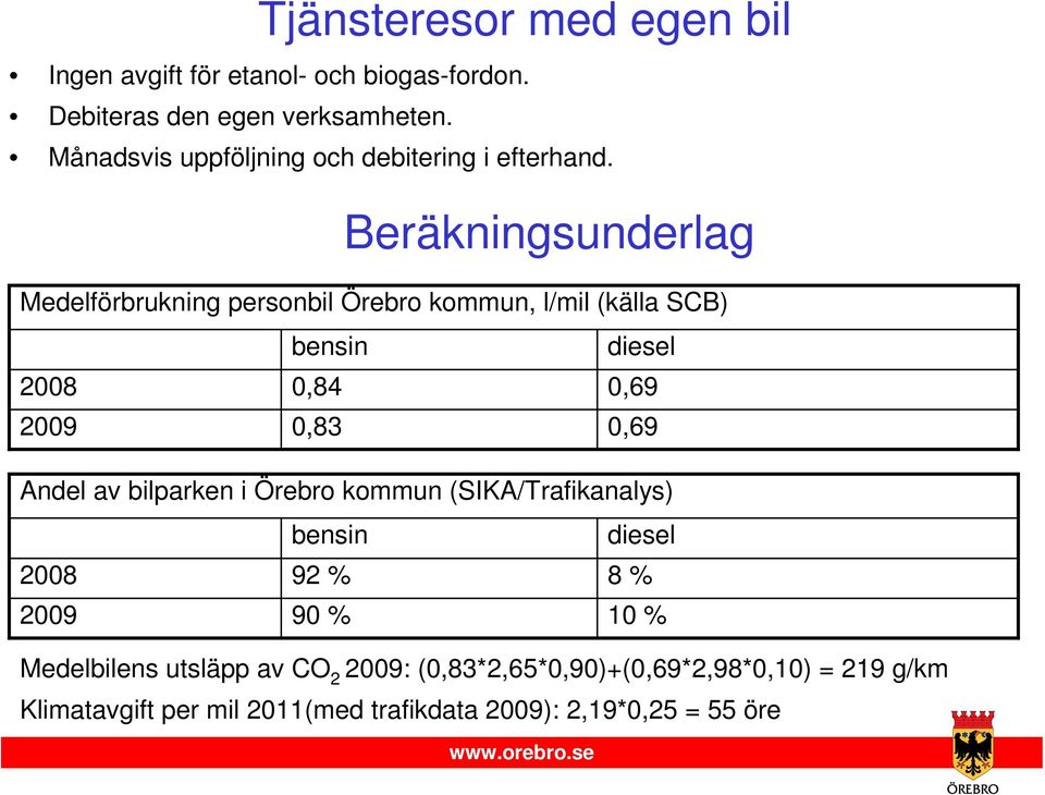 Beräkningsunderlag Medelförbrukning personbil Örebro kommun, l/mil (källa SCB) bensin diesel 2008 0,84 0,69 2009 0,83 0,69 Andel