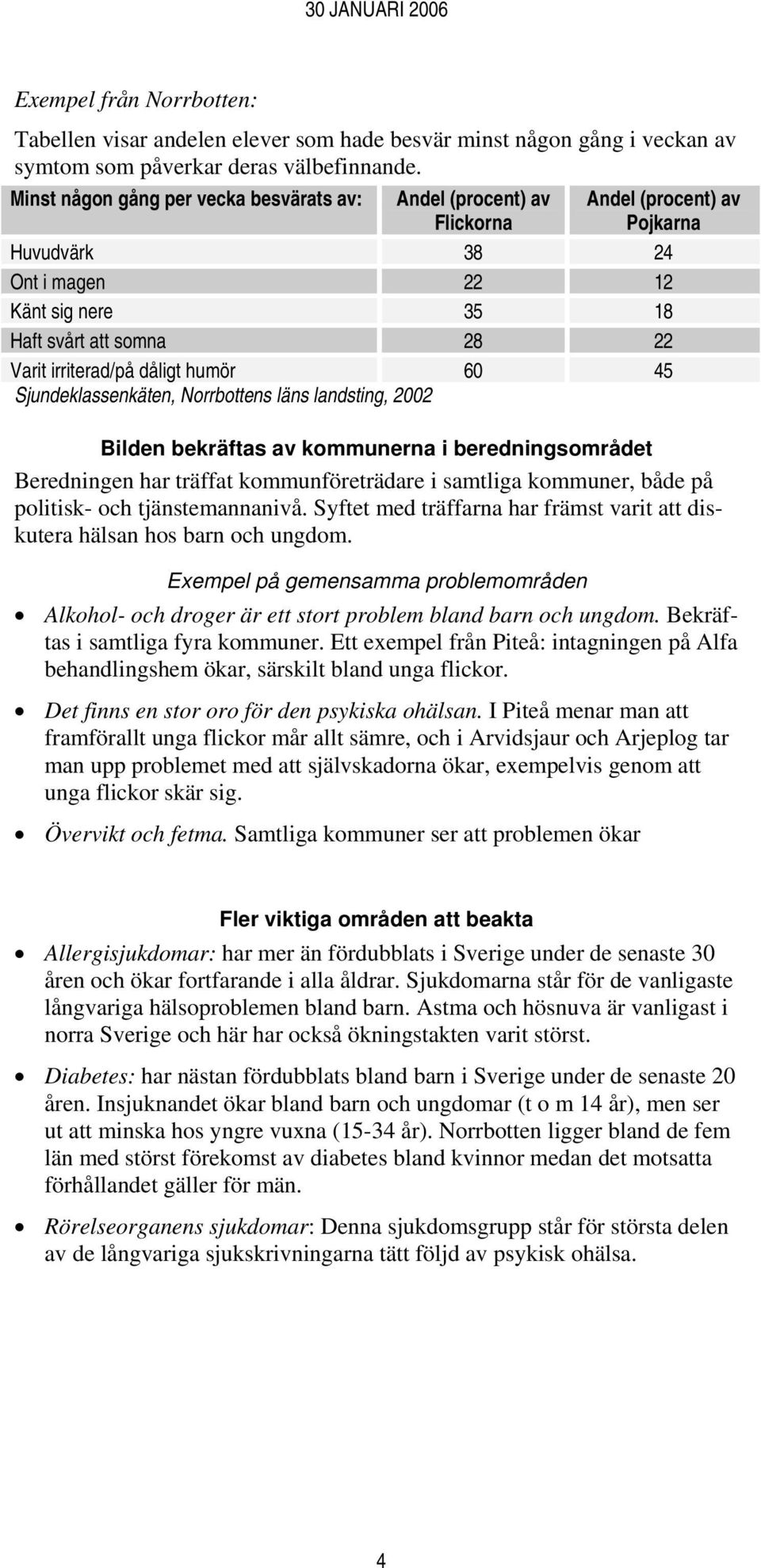 dåligt humör 60 45 Sjundeklassenkäten, Norrbottens läns landsting, 2002 Bilden bekräftas av kommunerna i beredningsområdet Beredningen har träffat kommunföreträdare i samtliga kommuner, både på