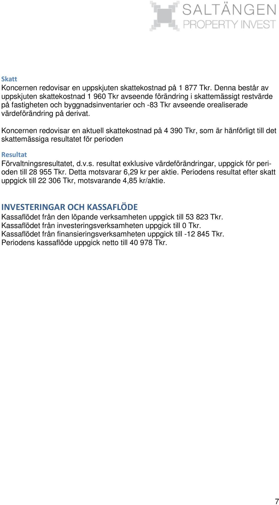 Koncernen redovisar en aktuell skattekostnad på 4 390 Tkr, som är hänförligt till det skattemässiga resultatet för perioden Resultat Förvaltningsresultatet, d.v.s. resultat exklusive värdeförändringar, uppgick för perioden till 28 955 Tkr.