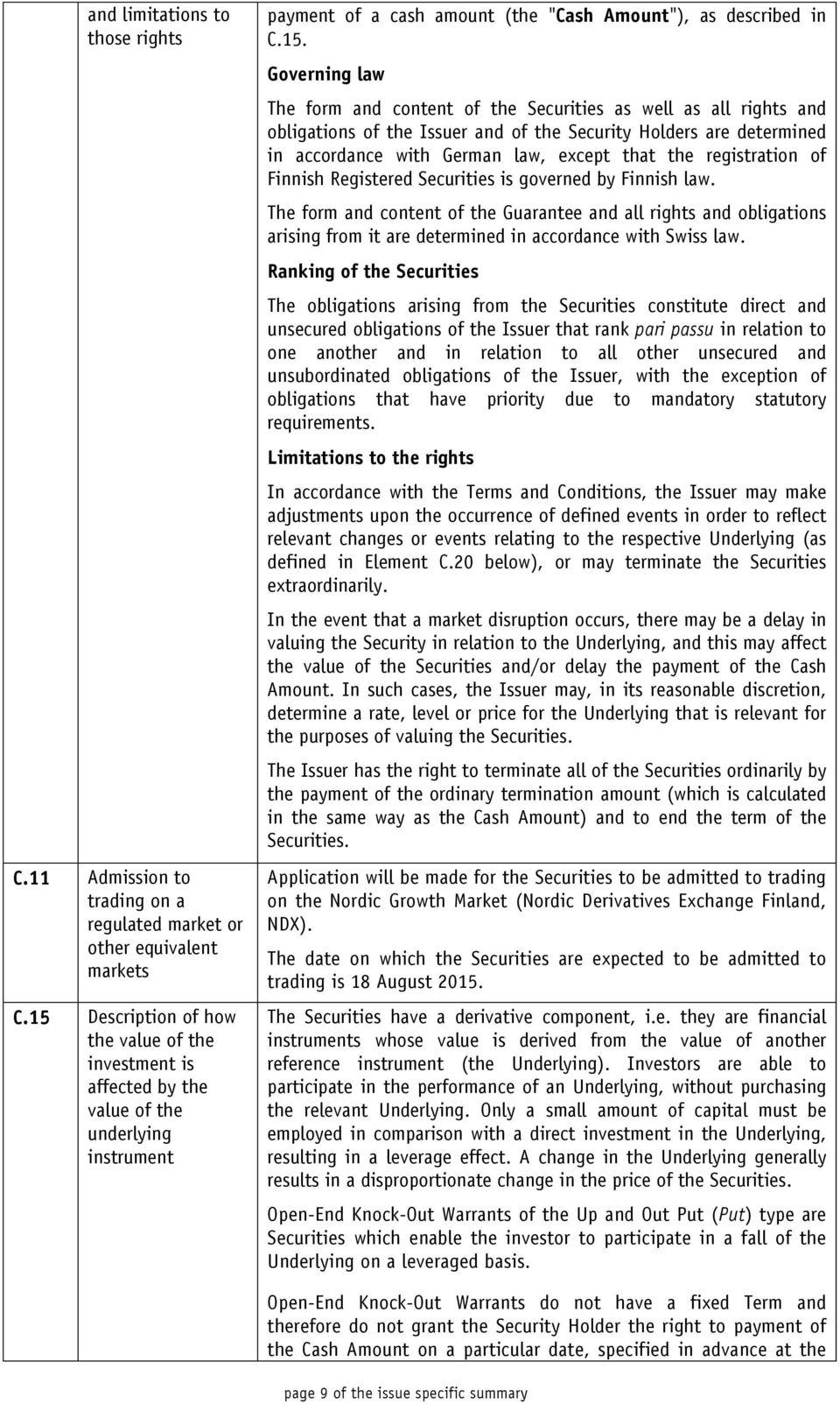 content of the Securities as well as all rights and obligations of the Issuer and of the Security Holders are determined in accordance with German law, except that the registration of Finnish