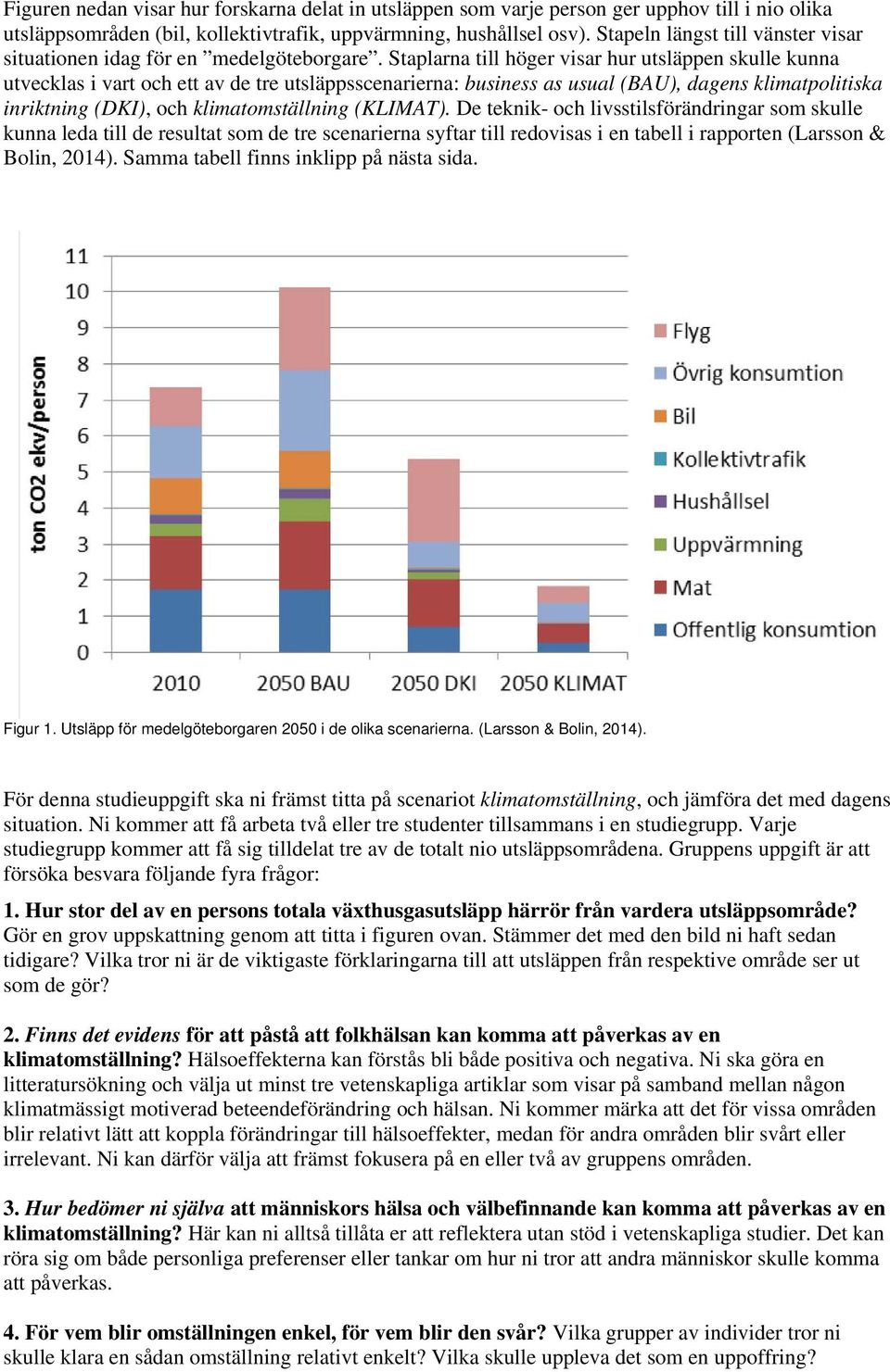 Staplarna till höger visar hur utsläppen skulle kunna utvecklas i vart och ett av de tre utsläppsscenarierna: business as usual (BAU), dagens klimatpolitiska inriktning (DKI), och klimatomställning