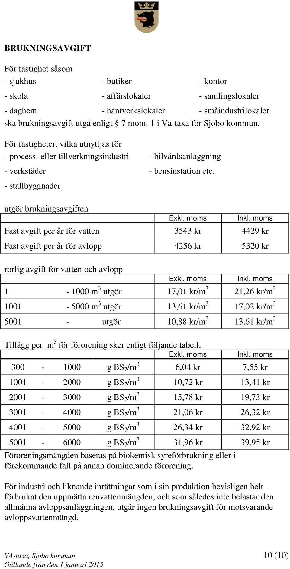 - stallbyggnader utgör brukningsavgiften Fast avgift per år för vatten 3543 kr 4429 kr Fast avgift per år för avlopp 4256 kr 5320 kr rörlig avgift för vatten och avlopp 1-1000 m 3 utgör 17,01 kr/m 3