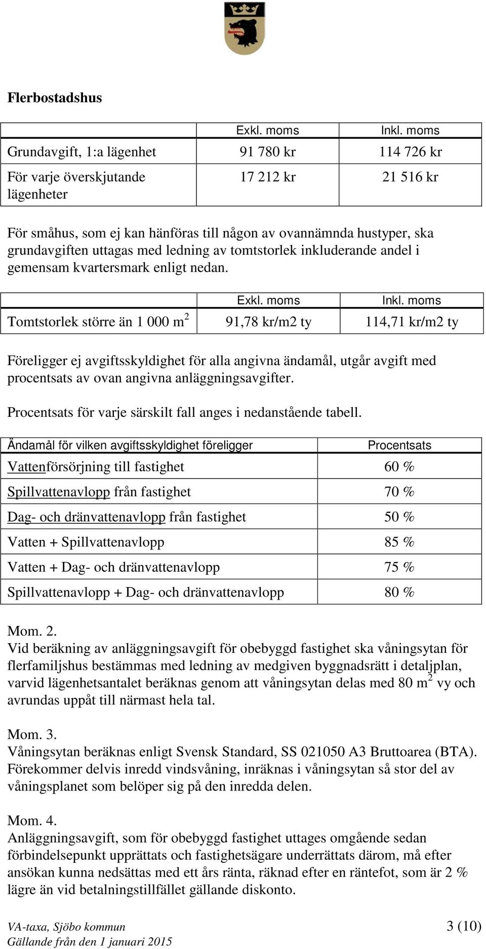 Tomtstorlek större än 1 000 m 2 91,78 kr/m2 ty 114,71 kr/m2 ty Föreligger ej avgiftsskyldighet för alla angivna ändamål, utgår avgift med procentsats av ovan angivna anläggningsavgifter.