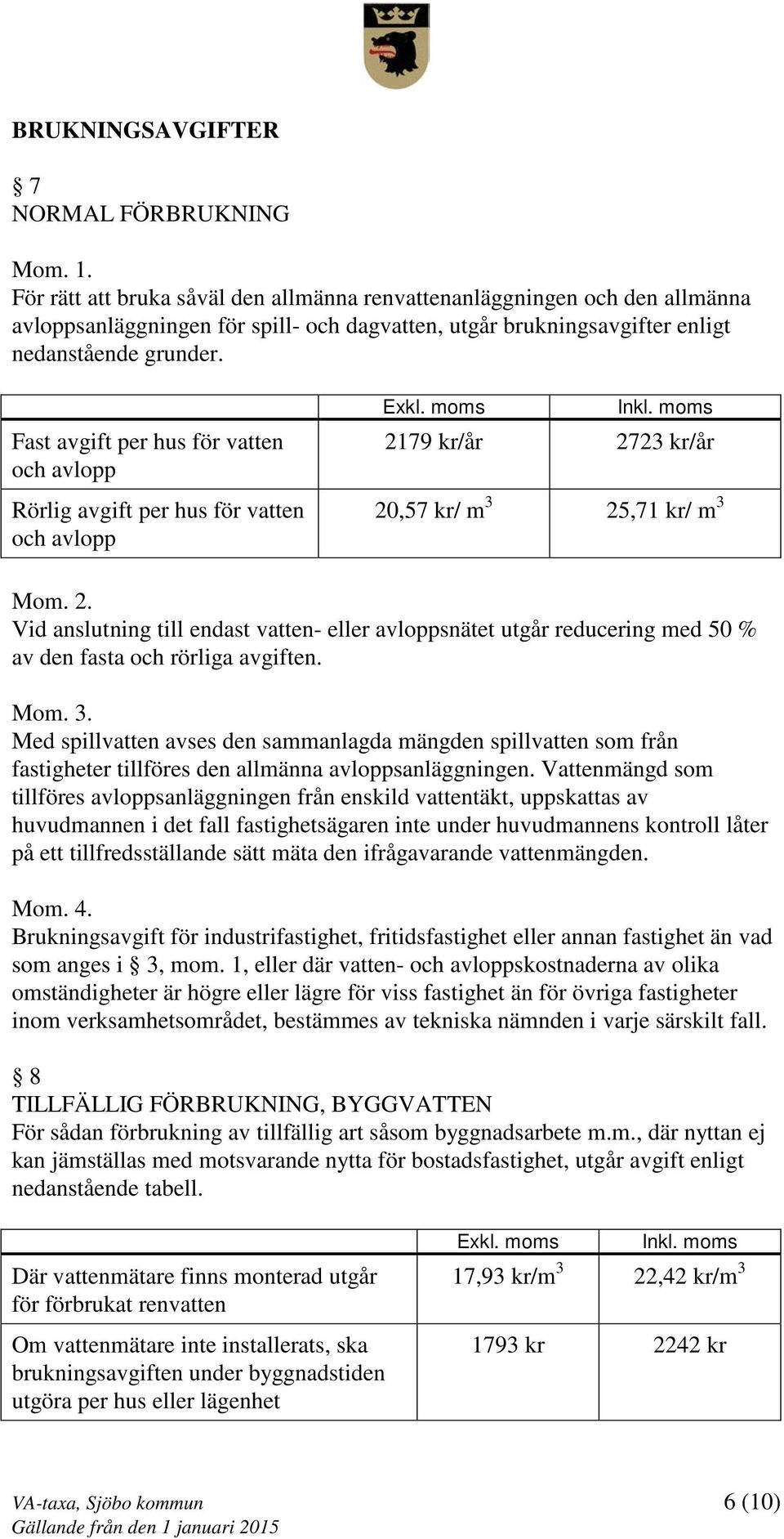 Fast avgift per hus för vatten och avlopp Rörlig avgift per hus för vatten och avlopp 21