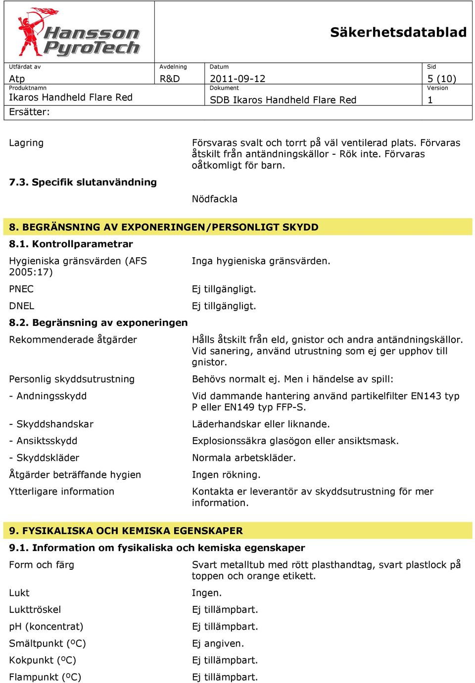 05:17) PNEC DNEL 8.2. Begränsning av exponeringen Rekommenderade åtgärder Personlig skyddsutrustning Inga hygieniska gränsvärden. Ej tillgängligt.