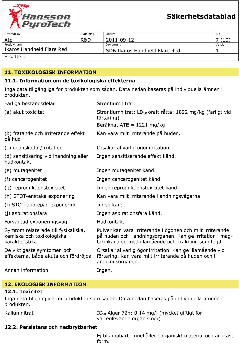 Farliga beståndsdelar (a) akut toxicitet (b) frätande och irriterande effekt på hud (c) ögonskador/irritation (d) sensitisering vid inandning eller hudkontakt (e) mutagenitet (f) cancerogenitet (g)