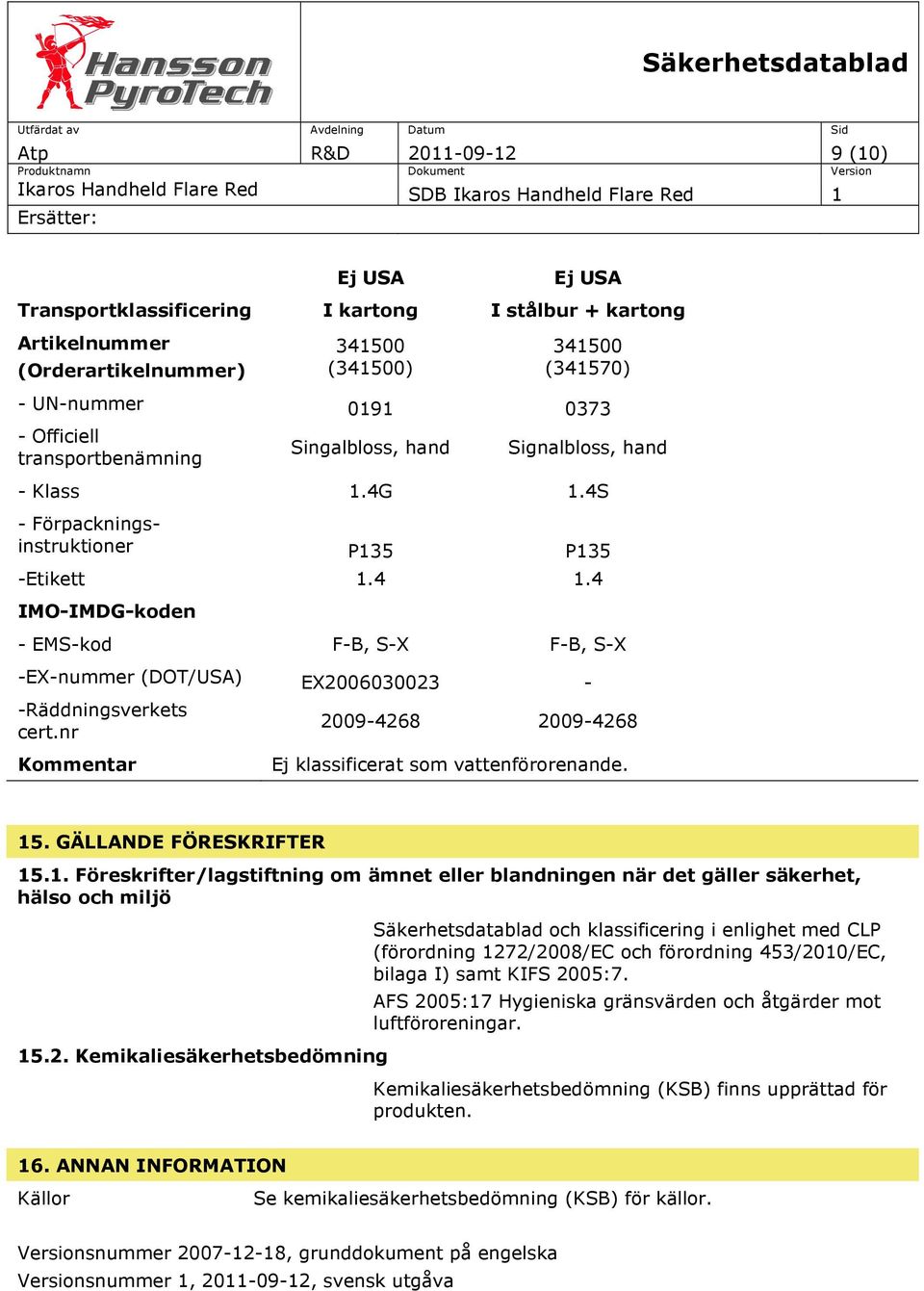 4 IMO-IMDG-koden - EMS-kod F-B, S-X F-B, S-X -EX-nummer (DOT/USA) EX2006030023 - -Räddningsverkets cert.nr Kommentar 2009-4268 2009-4268 Ej klassificerat som vattenförorenande. 15.