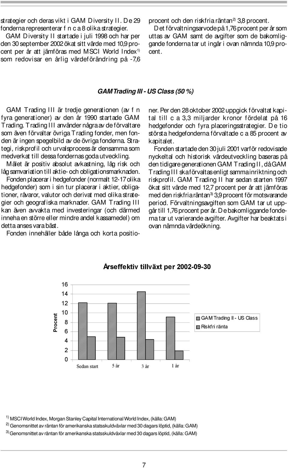 procent och den riskfria räntan 2) 3,8 procent. Det förvaltningsarvode på 1,76 procent per år som uttas av GAM samt de avgifter som de bakomliggande fonderna tar ut ingår i ovan nämnda 10,9 procent.