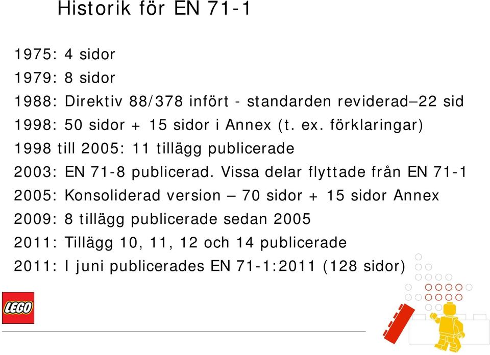 förklaringar) 1998 till 2005: 11 tillägg publicerade 2003: EN 71-8 publicerad.