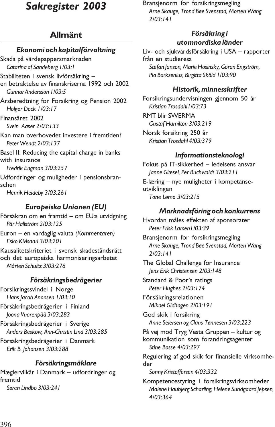 Peter Wendt 2/03:137 Basel II: Reducing the capital charge in banks with insurance Fredrik Engman 3/03:257 Udfordringer og muligheder i pensionsbranschen Henrik Heideby 3/03:261 Europeiska Unionen