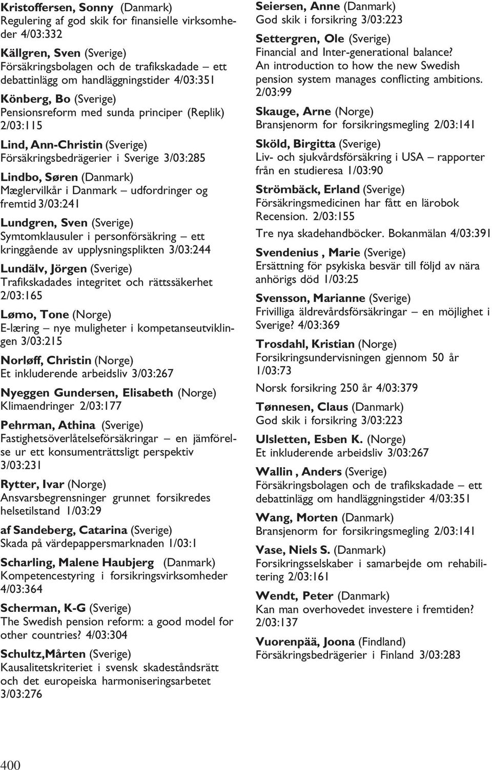 upplysningsplikten 3/03:244 Lundälv, Jörgen (Sverige) 2/03:165 Lømo, Tone (Norge) E-læring nye muligheter i kompetanseutviklingen 3/03:215 Norløff, Christin (Norge) Nyeggen Gundersen, Elisabeth