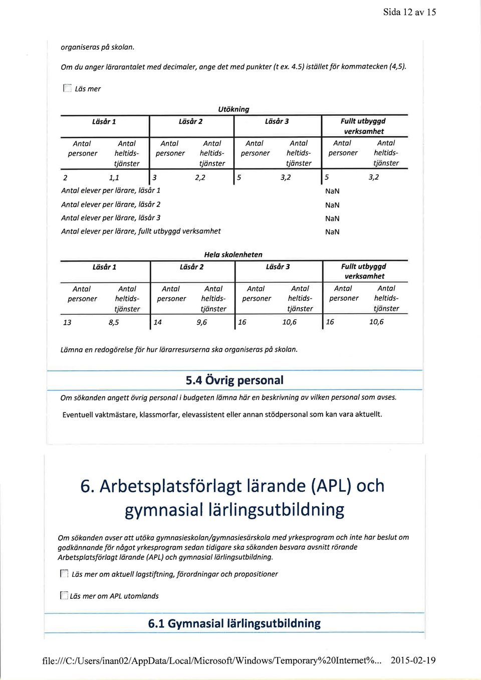 verksomhet Antal Antol personer heltids- 3,2 Antol elever per lörore, lösår 7 Antal elever per lörare, lösår 2 Antol elever per liirare, lösår 3 Antal elever per lörare, fullt utbyggd verksomhet NaN