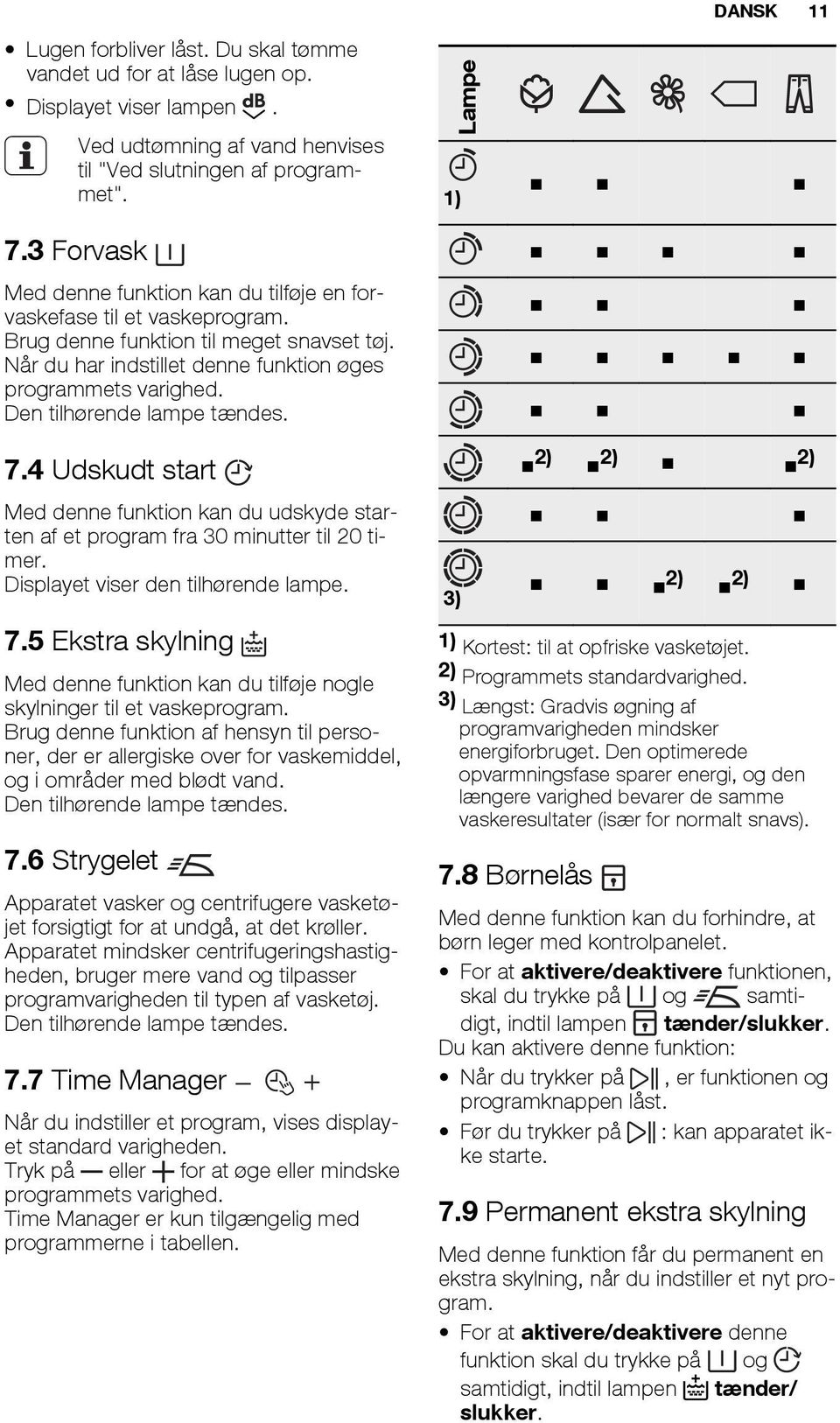 Den tilhørende lampe tændes. 2) 2) 1) 7.4 Udskudt start Med denne funktion kan du udskyde starten af et program fra 30 minutter til 20 timer. Displayet viser den tilhørende lampe. 7.5 Ekstra skylning Med denne funktion kan du tilføje nogle skylninger til et vaskeprogram.