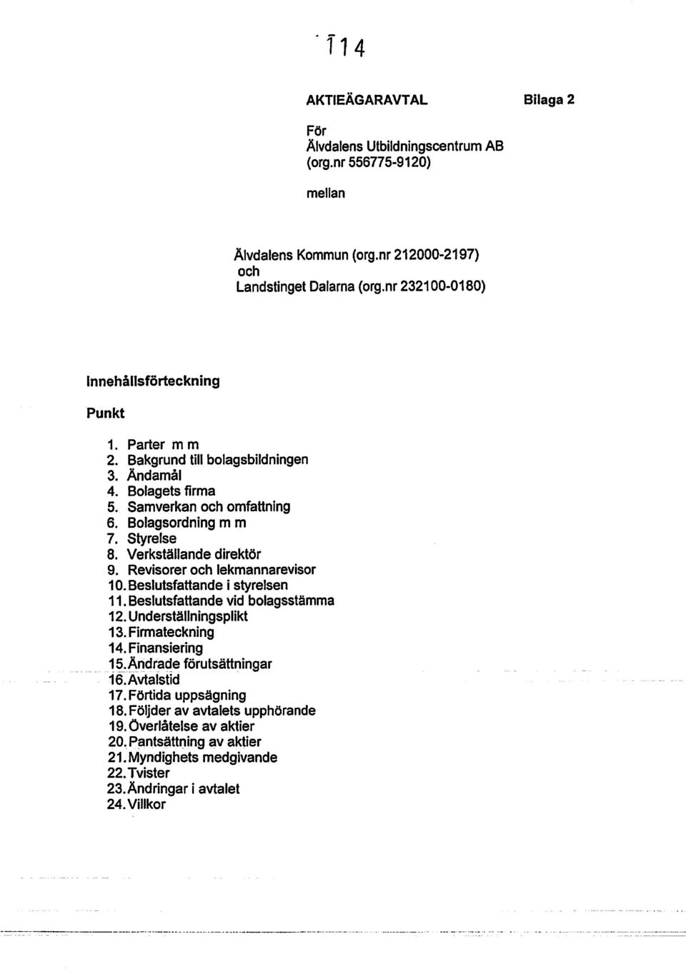 Verkställande direktör 9. Revisorer och lekmannarevisor 10. Beslutsfattande i styrelsen 11. Beslutsfattande vid bolagsstämma 12. Underställningsplikt 13. Firmateckning 14.Finansiering 15.