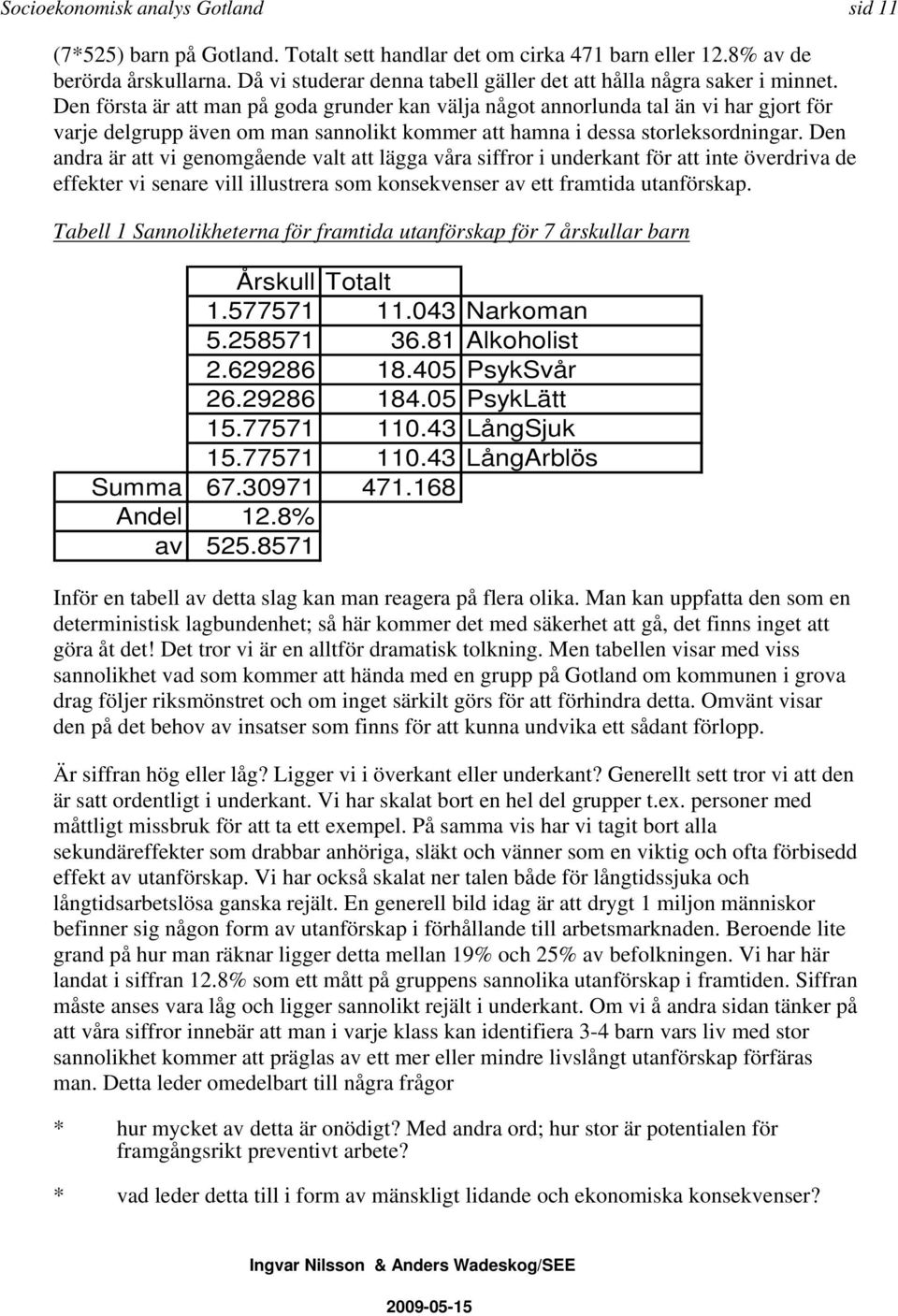 Den första är att man på goda grunder kan välja något annorlunda tal än vi har gjort för varje delgrupp även om man sannolikt kommer att hamna i dessa storleksordningar.