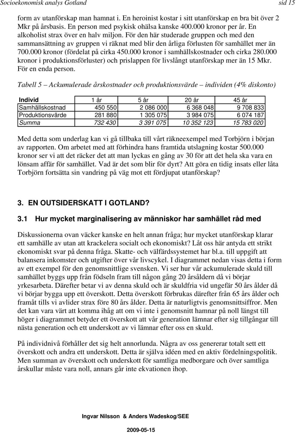 000 kronor (fördelat på cirka 450.000 kronor i samhällskostnader och cirka 280.000 kronor i produktionsförluster) och prislappen för livslångt utanförskap mer än 15 Mkr. För en enda person.