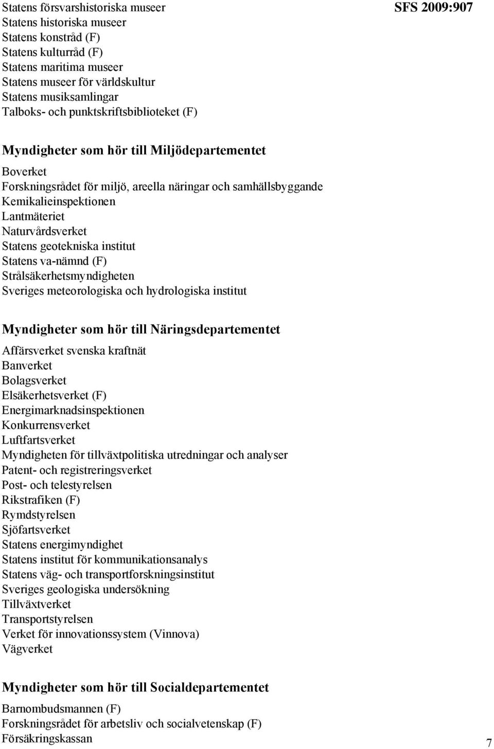 Naturvårdsverket Statens geotekniska institut Statens va-nämnd (F) Strålsäkerhetsmyndigheten Sveriges meteorologiska och hydrologiska institut Myndigheter som hör till Näringsdepartementet