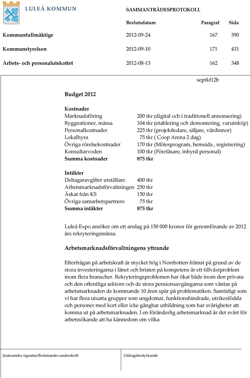 (projektledare, säljare, värdinnor) 75 tkr ( Coop Arena 2 dag) 170 tkr (Mötesprogram, hemsida, registrering) 100 tkr (Föreläsare, inhyrd personal) 875 tkr Intäkter Deltagaravgifter utställare 400 tkr