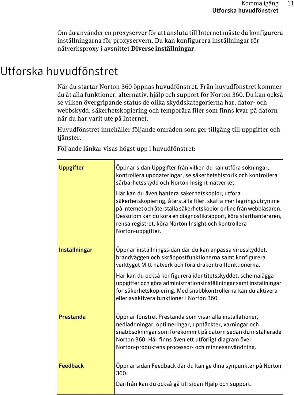 Från huvudfönstret kommer du åt alla funktioner, alternativ, hjälp och support för Norton 360.