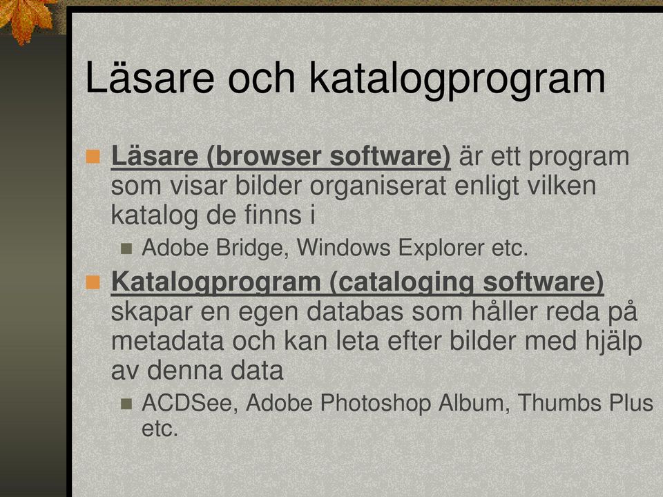 Katalogprogram (cataloging software) skapar en egen databas som håller reda på metadata