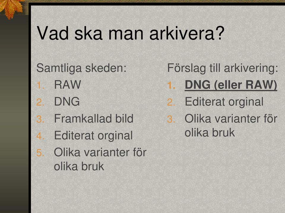 Olika varianter för olika bruk Förslag till arkivering: