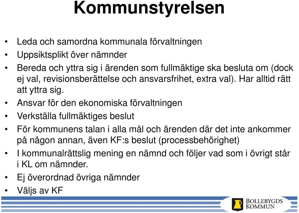 Ansvar för den ekonomiska förvaltningen Verkställa fullmäktiges beslut För kommunens talan i alla mål och ärenden där det inte ankommer på