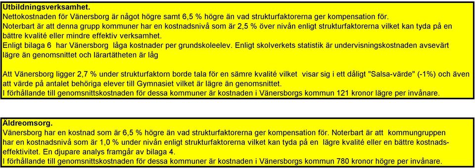 Enligt bilaga 6 har Vänersborg låga kostnader per grundskoleelev.