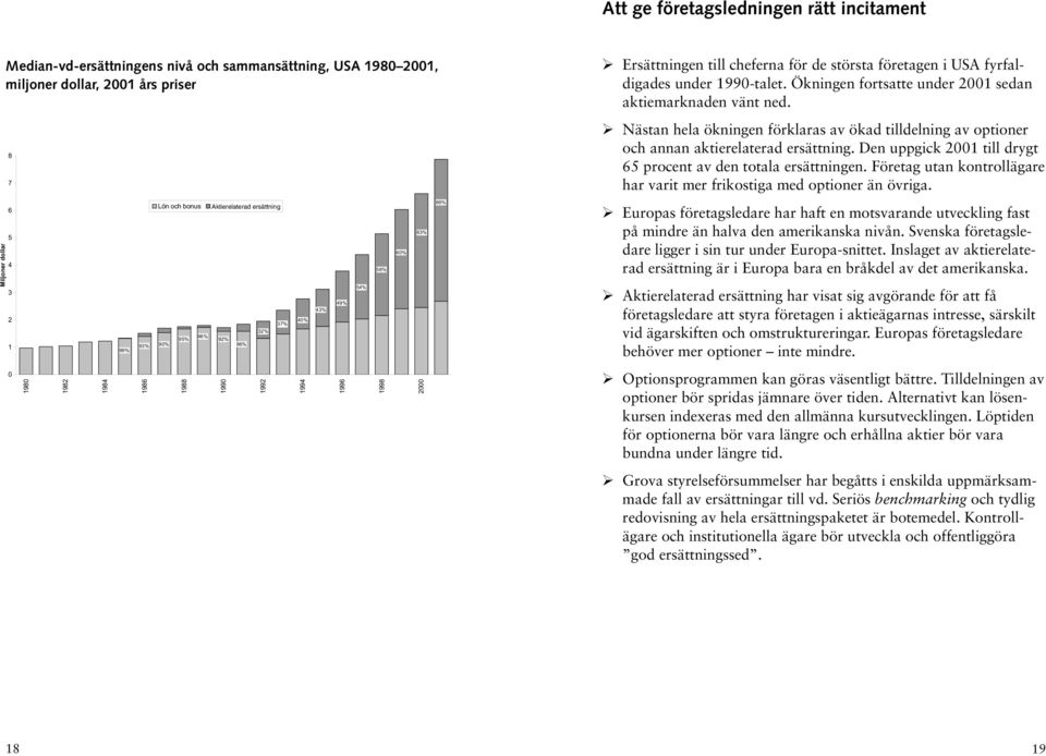 Den uppgick 2001 till drygt 65 procent av den totala ersättningen. Företag utan kontrollägare har varit mer frikostiga med optioner än övriga.