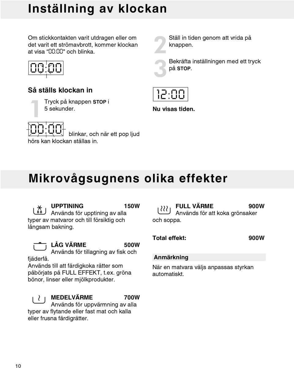 Bekräfta inställningen med ett tryck på STOP. 12:00 Nu visas tiden. Mikrovågsugnens olika UPPTINING 150W Används för upptining av alla typer av matvaror och till försiktig och långsam bakning.