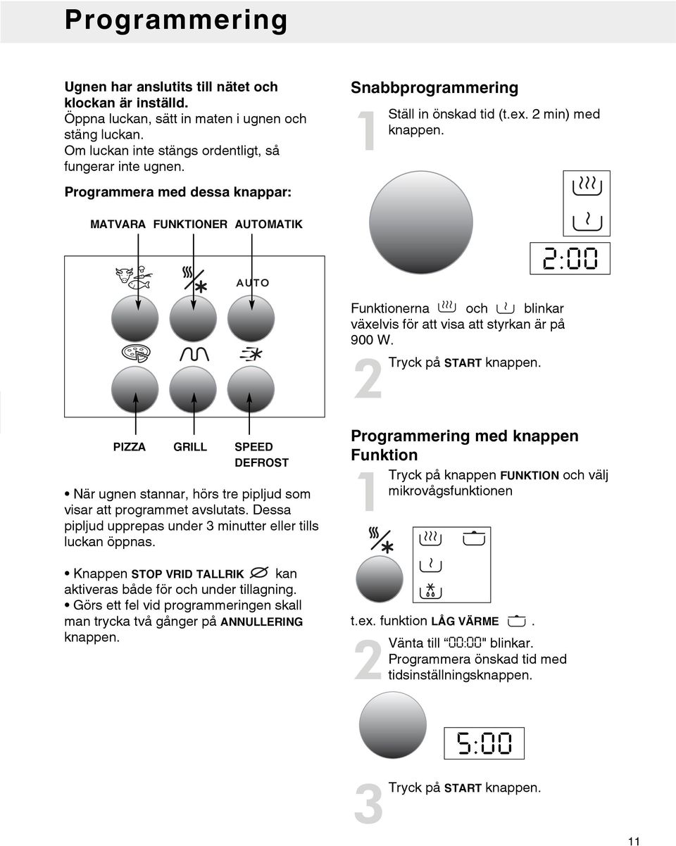Programmera med dessa knappar: MATVARA FUNKTIONER AUTOMATIK 2:00 Funktionerna och blinkar växelvis för att visa att styrkan är på 900 W. 2Tryck på START knappen.