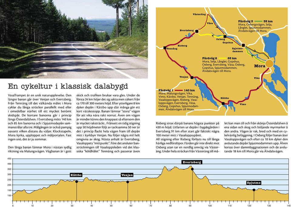 Mora En cykeltur i klassisk dalabygd VasaTrampet är en unik naturupplevelse. Den längre banan går över Venjan och Evertsberg.